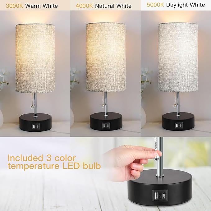 3-Color Temperature Bedside Lamp Nightstand Lamp with USB A Port and C Port, Table Lamp for Bedroom with LED Bulb Small Lamps for Living Room (Gray)