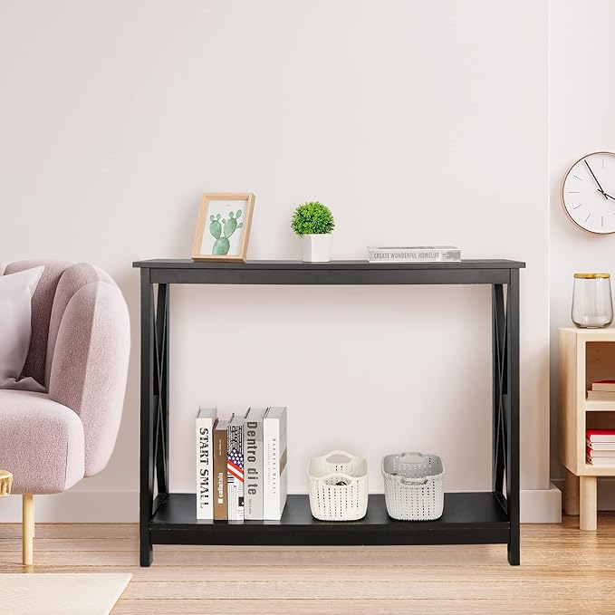ZenStyle Sofa Side Console Table with 2 Storage Shelves Narrow Accent Table for Entryway/Hallway/Living Room, 39.3in L x 11.8in W x 31.6in H, Black