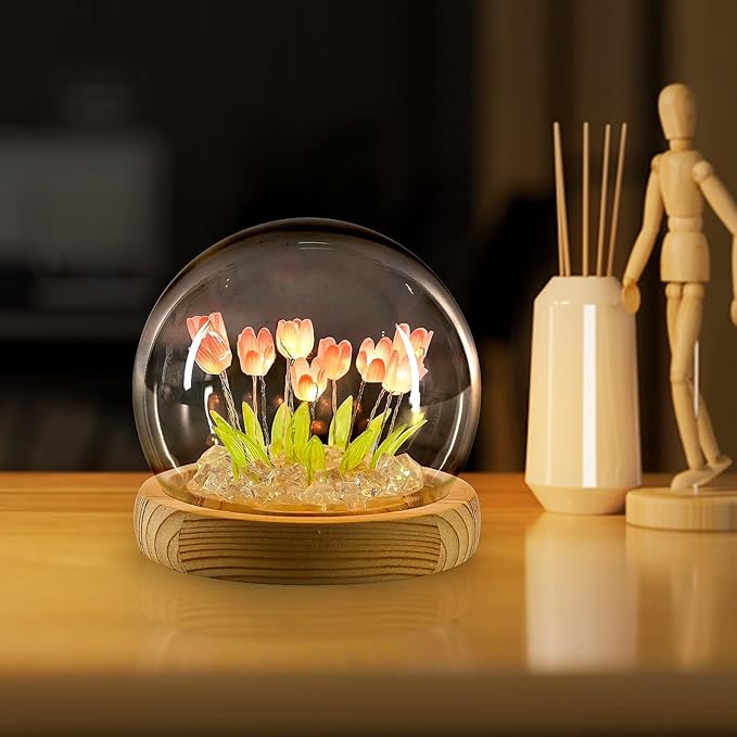 ONXE Birthday Christmas Flower Gifts for Women,Tulips Night Light Small Glass Flower Lamp with Wooden Base for Home Decor Romantic Unique Gift for Girlfriend Mom Sister Grandma Wife Her