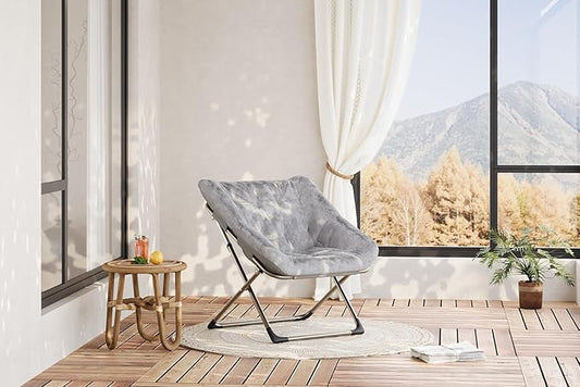 Folding Saucer Chair for Adults, Comfortable Living Room Lounge Chair with Soft Faux Fur Cushion, No Assembly Required, Foldable Accent Furniture for Apartments/Dorms/Bedrooms, Grey