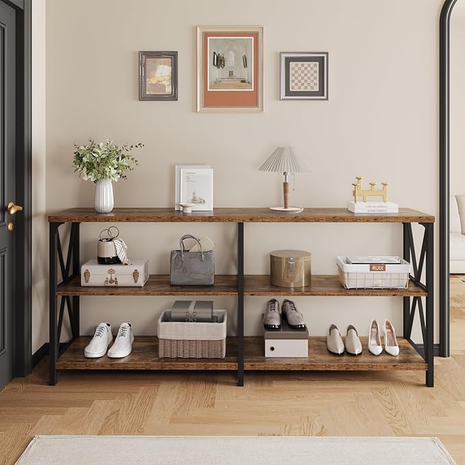 IBF Rustic Console Table, Modern Entryway Table with Storage Shelves, Industrial Metal Wood Sofa Tables Behind Couch, Farmhouse 3 Tier Foyer Hallway Tables for Bedroom, Rustic Brown, 63 in