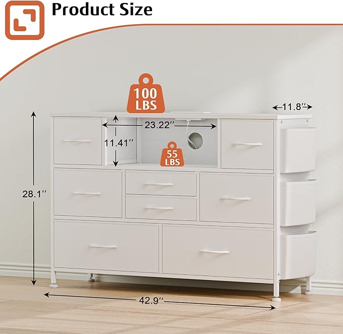 Dresser for Bedroom with 8 Drawers, Dresser TV Stand with LED Lights, Fabric Chest of Drawers with Side Pocket for Living Room, Entryway, Bedroom Furniture (White)