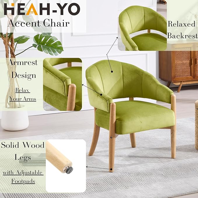 HEAH-YO Comfy Modern Accent Chair Set of 1,Upholstered Velvet Living Room Chair,Reception Armchair with Solid Wood Legs,Reading Leisure Chair for Bedroom Makeup Vanity,Green