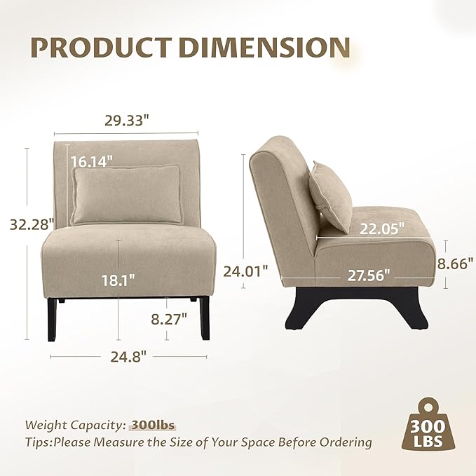 Upholstered Armless Accent Chair,Modern Comfy Living Room Chairs with Wooden Legs& Pillows,Lounge Sofa Side Chair for Bedroom Farmhouse Reading (Brown, 1 PC)