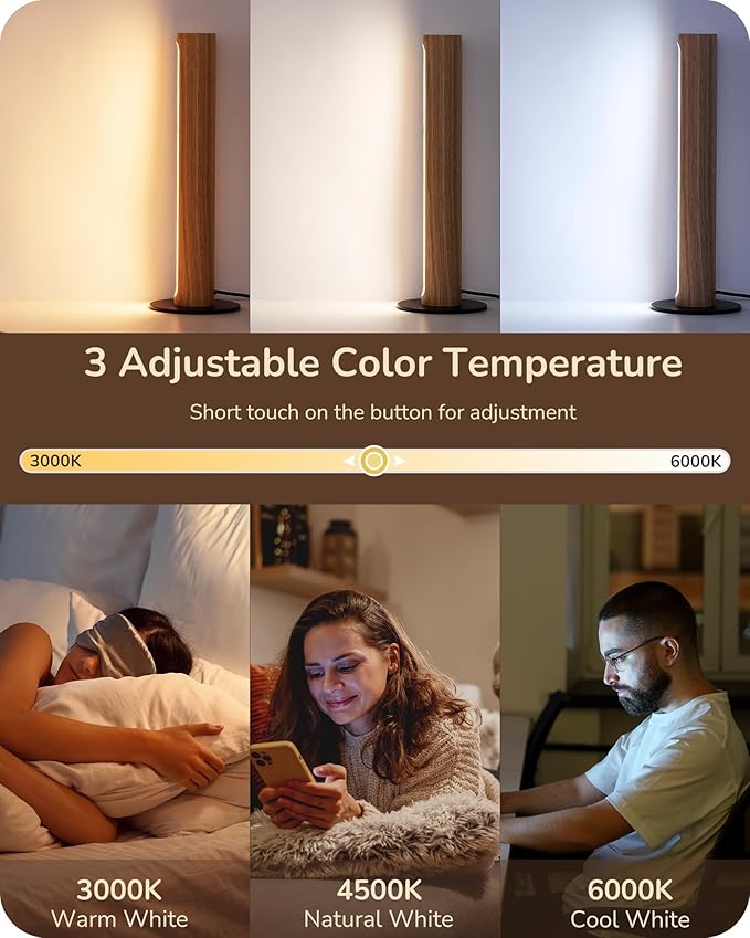 EDISHINE LED Table Lamp, Small Wood Bedside Lamp with Stepless Dimmable & Memory Function, 3 Color Temperature, One-Step Installation, Touch Switch, Modern Nightstand Lamp for Living Room, Bedroom
