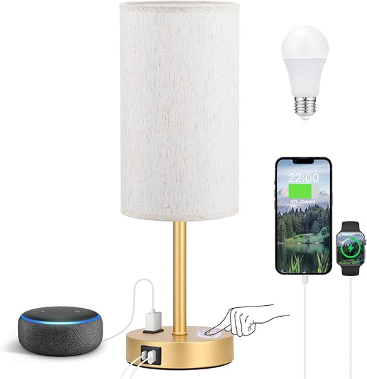 Fenmzee Touch Table Lamp - Cream, 3-Way Dimmable, USB A + C Charging, AC Outlet, 17.4inch Medium, Gold Metal Base