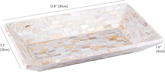 PEMAR 12"x7" Mother of Pearl Decorative Tray with Raised Edge for Coffee Table Perfume Living Room Kitchen Bathroom. Elegant Multipurpose Centerpiece Vanity, Fruit Display Serving Tray & Bowl