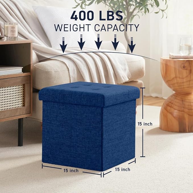 Ornavo Home Foldable Tufted Linen Storage Ottoman Square Cube Foot Rest Stool/Seat - 15" x 15" x 15" (Navy)