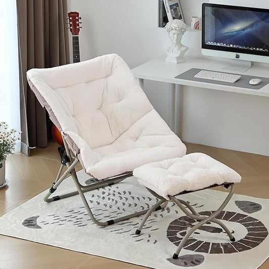 Comfy Folded Chair with Ottoman, Oversized Folding Faux Fur Chair Soft Furry Lounge Lazy Chair with Metal Frame Moon Chair Accent Chair for Bedroom, Living Room, Dorm Rooms
