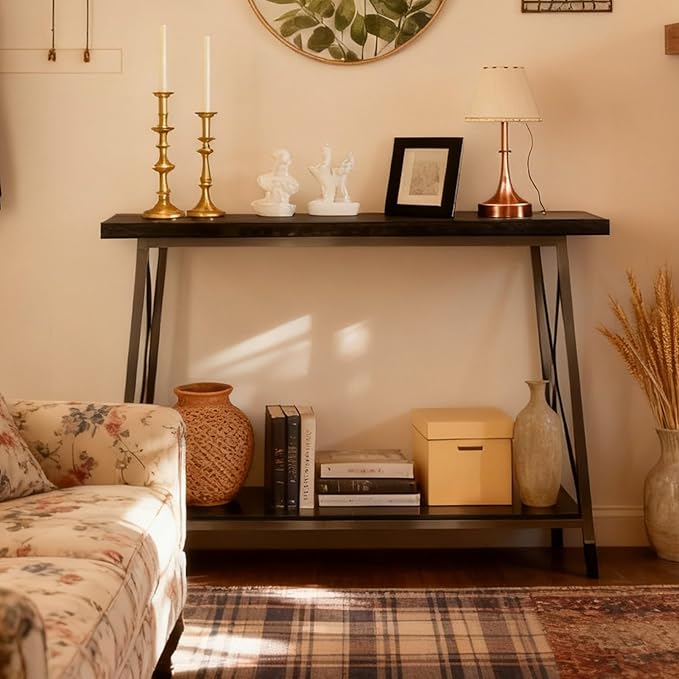 63" Solid Wood Entryway Table Narrow with Shelves, 2-Tier Storage Long Couch Table Behind Sofa Console Tables for Living Room, Entrance, Hallway, Foyer(Black,39.3"x9.8"x31.5")