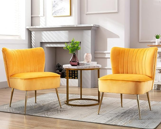 Velvet Accent Chair Set of 2 Comfy Living Room Chair Armless Slipper Mid Century Side Single Sofa Chair with Golden Legs Wingback for Bedroom Guest Room, Yellow