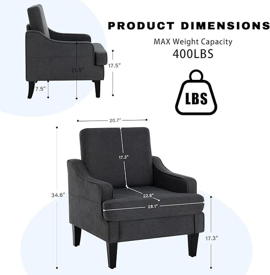 Accent Chair for Living Room,Mid-Century Arm Chair Fabric Living Room Chairs,Upholstered Reading Chair for Bedroom,Single Sofa Chair with Wood Legs for Apartment,Dark Grey,2 Pack