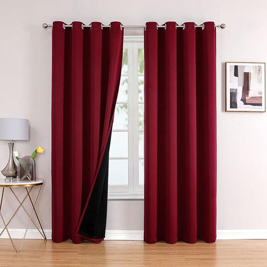 ChrisDowa 100% Blackout Curtains 120 inch Long for Bedroom with Black Liner, 2 Thick Layers Total Blackout Thermal Insulated Grommet Long Window Curtains 2 Panels Set (Burgundy, 52 x 120 Inch)