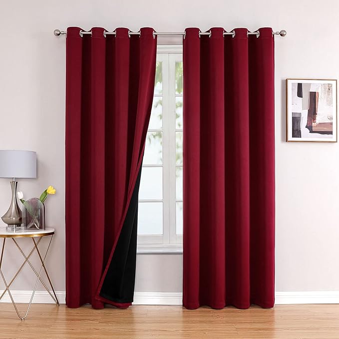 ChrisDowa 100% Blackout Curtains 108 inch Long for Bedroom with Black Liner, 2 Thick Layers Total Blackout Thermal Insulated Grommet Window Curtains 2 Panels Set (Burgundy, 52 x 108 Inch)
