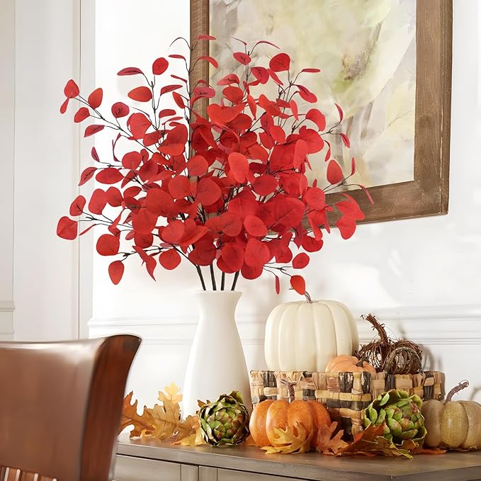 16Pcs Artificial Eucalyptus Leaves Stems 33.8‘’ Eucalyptus Plants Branches Greenery for Home Fireplace Farmhouse Party Wedding Table Bathroom Christmas Décor Red