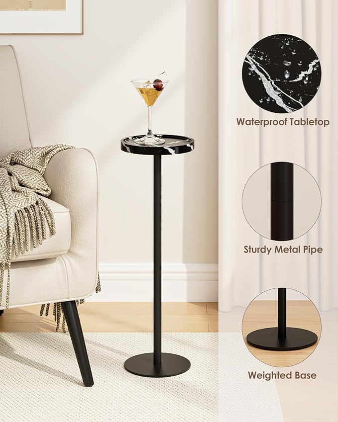 Drink Table, Small Pedestal Side Table, Round Cocktail Table, Circle Accent End Table with Metal Base, for Small Spaces (1, Black Marble)