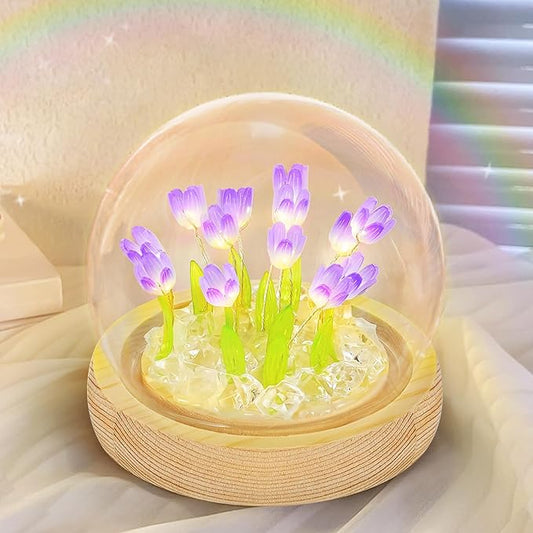 ONXE Birthday Flower Gifts for Mom,Tulips Night Light Small Glass Flower Lamp with Wooden Base for Home Decor Romantic Unique Christmas Gift for Women Girlfriend Sister Grandma Wife Her