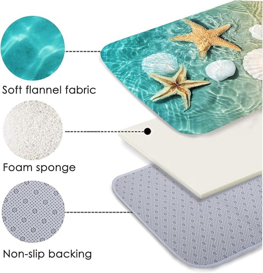 Bath Rugs Sponge Foam Absorbent Soft for Bathroom and Kitchen (71 x 24 inches), Flannel Mat Non Slip Bright 3D Print for Bedside and Living Room(Scallop Starfish)