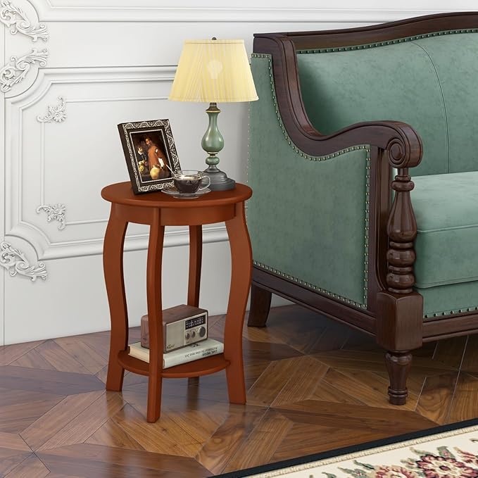 Giantex Round End Table, Wooden Side Table with Storage Shelf, Small Nightstand with Solid Wood Legs, 2-Tier Accent Table for Living Room Bedroom (2, Walnut)