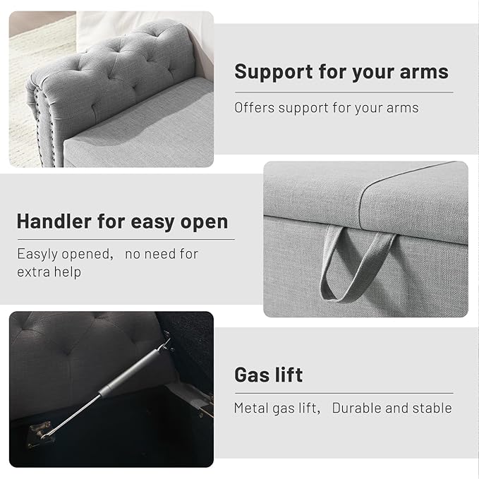 Furniliving 51.75" Storage Ottoman Bench for Living Room, Modern Bedroom Benches with Rolled Arm Upholstered End of Bed Bench Shoe Storage Indoor Bench with Wood Legs Entryway Bench, Grey, Linen