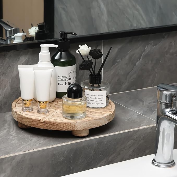 10'' Round Wooden Tray Pedestal Stand, Farmhouse Bathroom Decor Riser for Soap Dispenser, Perfume, Candle, 10'', Light Brown