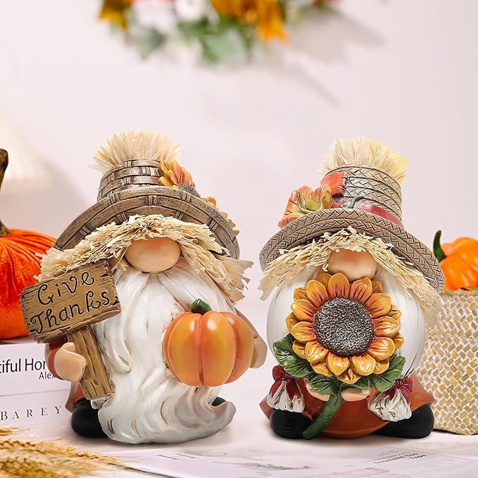 Hodao Fall Decorations for Home - Thanksgiving Gnome Figurines with Sunflower and Pumpkin, Resin Harvest Autumn Decor, Rustic Holiday Accent, for Family, Friends and Housewarming