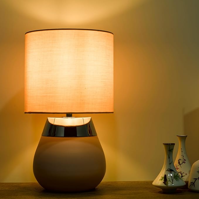 Small Modern Touch Eye Protection Bedside Table Lamp, 7 x 7 x 12 Inch Pink Metal Base Table Lamp for Bedrooms and Office (Pink Fabric Lampshade)