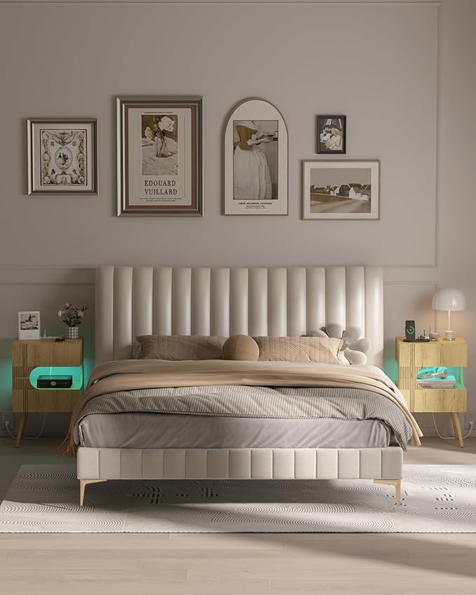 Nightstand with Charging Station and LED Lights,Modern Bedside Table with 2 Storage Drawer,Night Stand with Solid Wood Legs,White (Oak)