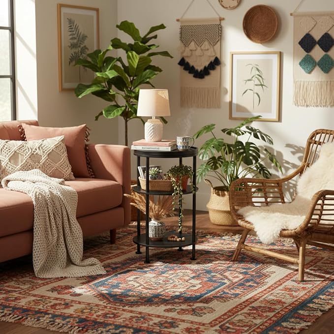 Small Round Side Table with Tray Top, 3-Tier Black End Table for Living Room & Bedroom, Modern Metal Nightstand with Storage Shelf, 11.8" Narrow Accent Table for Small Spaces, Balcony, Classic Black