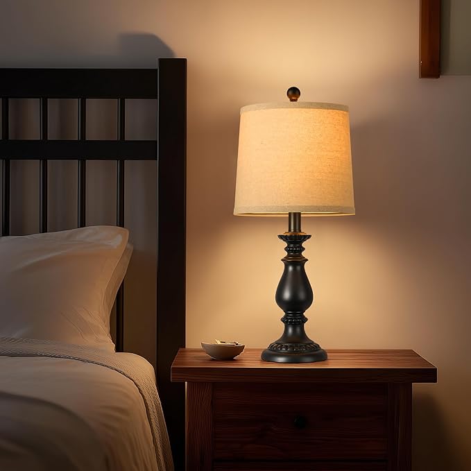 QiMH Farmhouse Table Lamp Set of 2, Rustic Table Lamps for Living Room, Vintage Nightstand Lamp with Rotary Switch, Beside Lamps for Bedroom, Traditional Table Lamps with Linen Shade, Matte Black