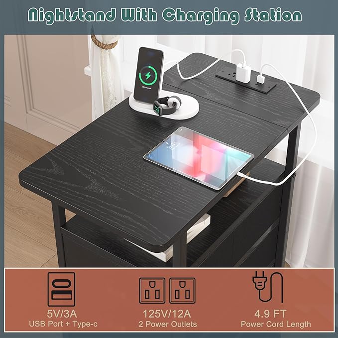 End Table with Charging Station,LED Side Tables with USB Ports and Outlets,Narrow Nightstands Bedside Tables with 3 Drawers PU Finish for Small Space,Slim Sofa Table for Livingroom,Black