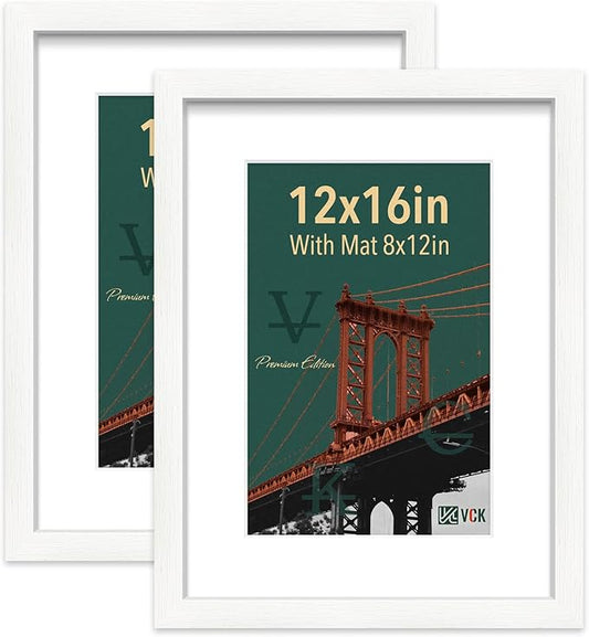 VCK 12x16 Picture Frame Set of 2 - White, Matted to 8x12 or 12x16 without Mat, Textured Exclusive Wooden Photo Frames with HD Glass, Wall Hanging