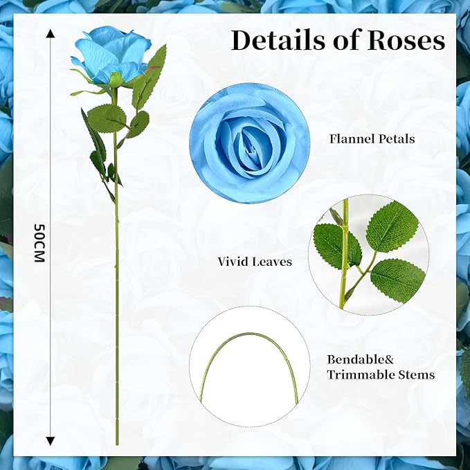 10 PCS Artificial Roses with Long Stems Silk Flowers Realistic Foam Flowers Fake Roses for Valentine's Day Home Wedding Decor(Light Blue)