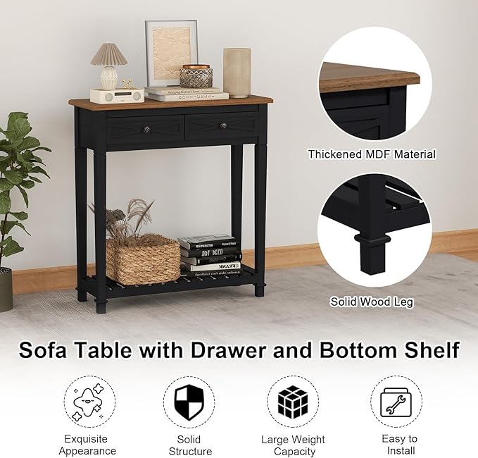 Kinsuite Narrow Console Table with 2 Drawers & Storage, 2-Tier Farmhouse Wooden Entryway Tables, Sofa Table Hallway Table for Living Room Hallway, Black