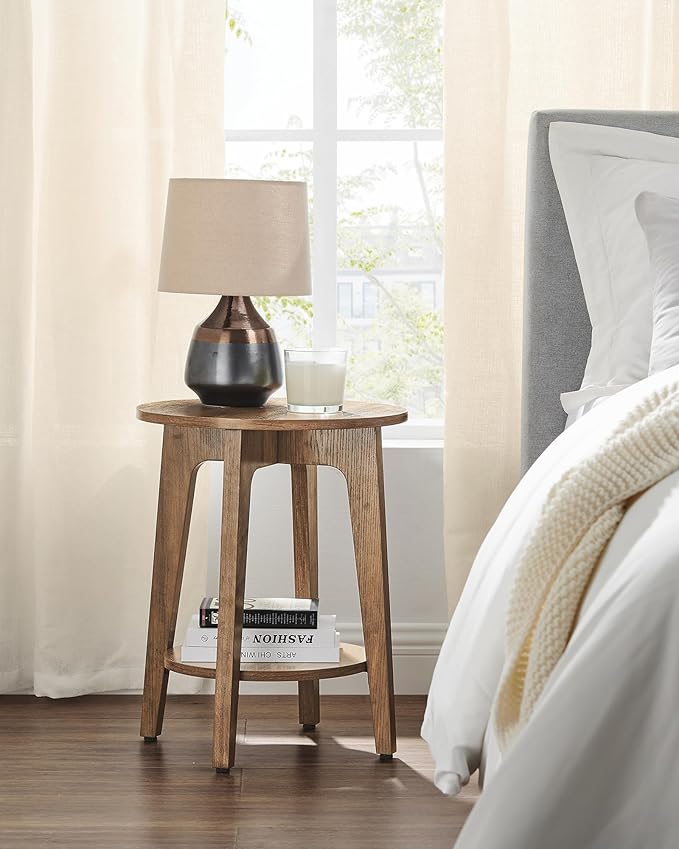 VASAGLE MAEZO Collection - Set of 2 Side Tables, 2-Tier Small Round End Tables, Nightstands with Tapered Legs, Curved Transitions, for Small Spaces, Living Room, Bedroom, Rustic Walnut ULET289K01