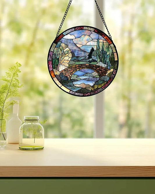 Stained Glass Window Hanging, Blue Landscape Arch Bridge Sun Catcher for Door Home Decor Suncatcher Christmas Mother's Day Birthday Gifts for Women Men Mom and Nana 7.8 in