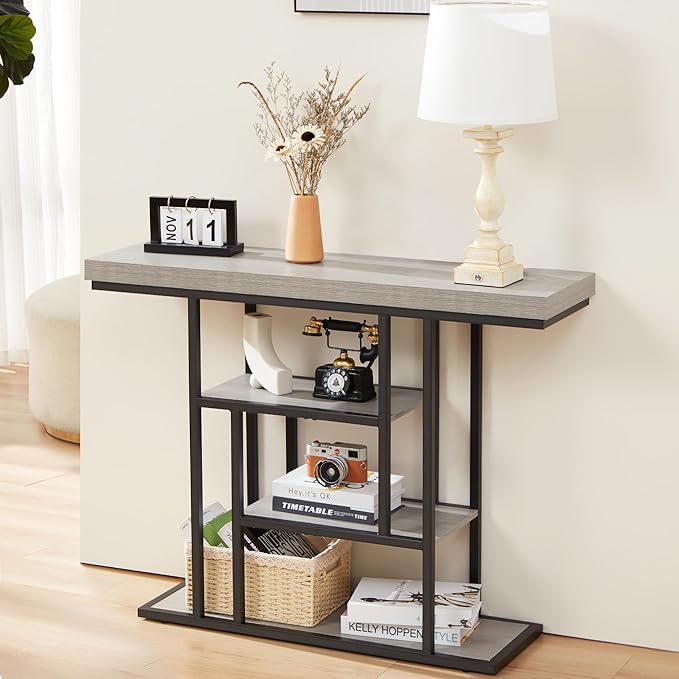 HABUTWAY 42" Industrial Console Table, Narrow 4-Tier Wood Entryway Table for Living Room, Accent Tables Living Room, Hallway Table, Sofa Table for Front Door, Hallway, Foyer, Rustic Grey