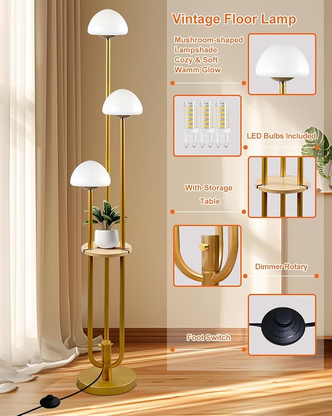 Lightdot Gold Dimmable Floor Lamp with Table, Modern Floor Lamps for Living Room, 3000K Warm Lights Tall Standing Lamp with Mushroom Shades & Bulbs for Bedroom/Office