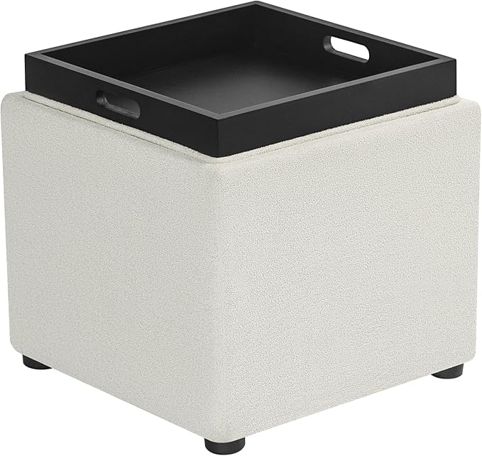 Adeco 17" White Square Storage Ottoman with Tray, Modern Cube Ottoman Coffee Table for Dorm, Bedroom (White with Tray)