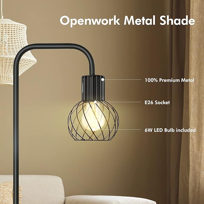 Floor Lamp, Industrial Floor Lamp for Living Room, Modern Standing Lamp with 6W LED Bulb, Foot Switch, Minimalist Pole Lamp Vintage Farmhouse Stand Up Lamps for Bedroom, Office, Book Nook,Black