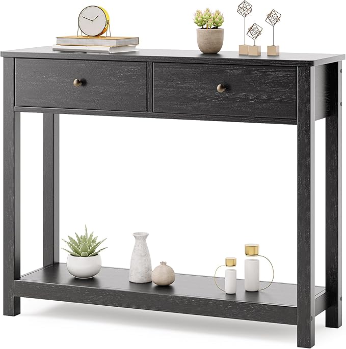 Gizoon Console Table with 2 Drawers, 2-Tier Wood Entryway Table with Storage Shelves, 39" W Wood Accent Sofa Table for Front Hall, Hallway, Living Room, Black