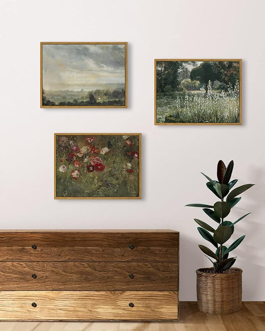 InSimSea Framed Canvas Wall Art Vintage Decor, FLoral Wall Art Decorations Classical Oil Painting Canvas Prints A Bed of Poppies Retro Home Decor Gifts, 12"x16"