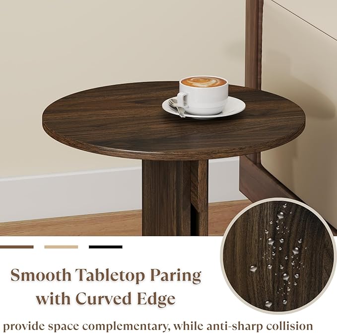 Wooden Round Side Table, Small Drink End Table, Cocktail Table, Modern Accent Night Stand with Wooden Base, Plants Stand for Living Room/Bedroom, Corners, Office, Small Space, Walnut