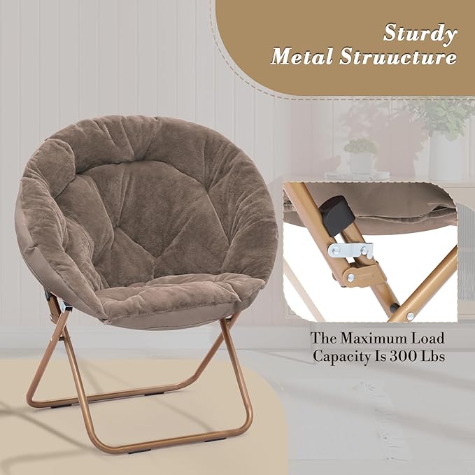 Athena Collection Saucer Chair with Ottoman Comfy Chair for Bed Room Living Room Folding Round Cozy Chair Faux Fur Metal Frame Foldable Lazy Chair Accent Chair Reading Chair Set of 2, Brown