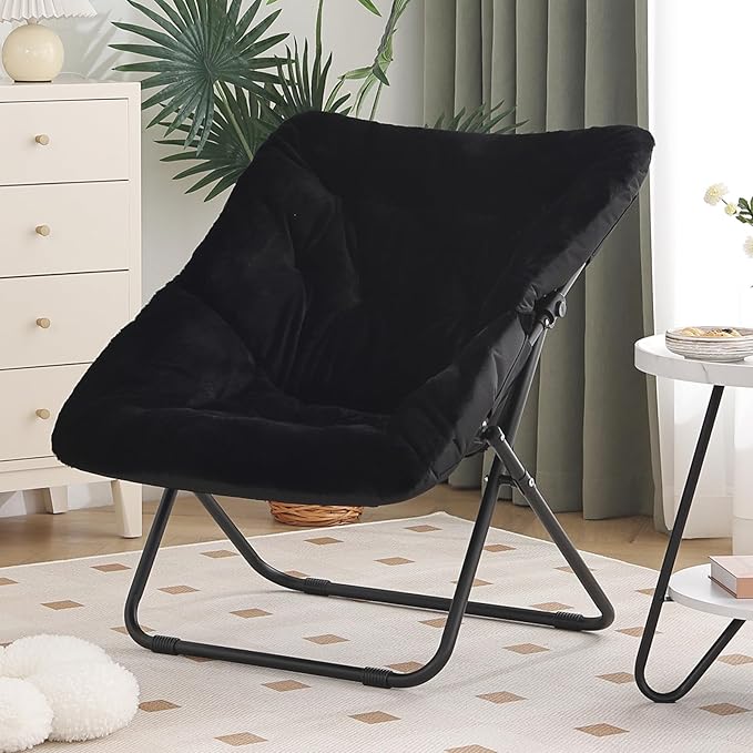 Saucer Chair, Comfy Bedroom Chairs, Oversized Folding Faux Fur Chair, Foldable Metal Frame Chair for Bedroom, Patio, Study, Playroom (Black)