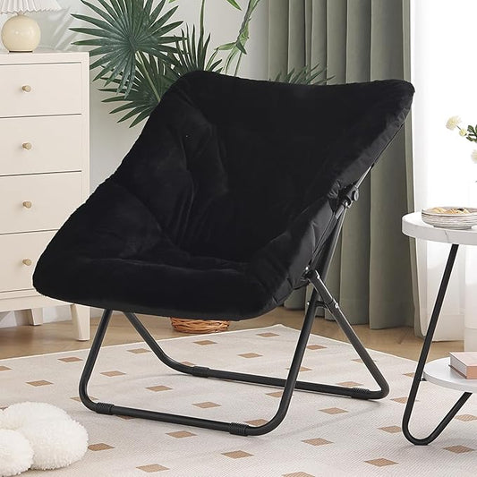 Saucer Chair, Comfy Bedroom Chairs, Oversized Folding Faux Fur Chair, Foldable Metal Frame Chair for Bedroom, Patio, Study, Playroom (Black)