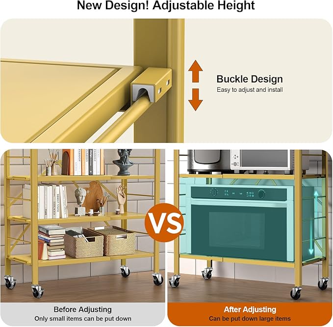 Himix 6 Tier Foldable Storage Shelves, Expandable Folding Bookshelf with Wheels, Changeable into 2 Shelf Units, Collapsible Adjustable Storage Rack Metal Shelves for Garage Kitchen, Basement, Gold