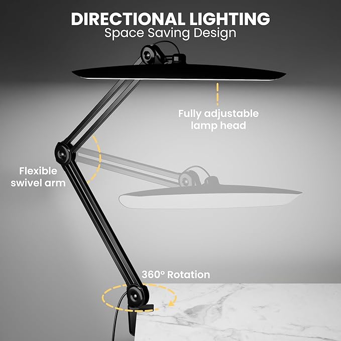 3000 Lumens Adjustable LED Desk Lamp & Task Lamp - Bright, Dimmable Lighting for Office, Crafts, Nails &Salon Hobbies with Clamp (CCT, Black)