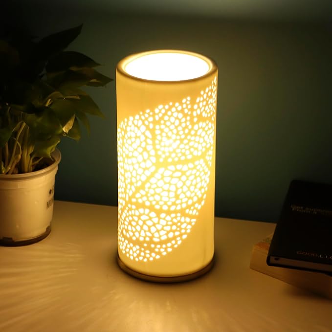 Small Modern Ceramics Bedside Table Lamp, 4.5 x 4.5 x 9.75 Inch White Olive Leaf Style Nightstand Lamps, Side Table Lamps for Bedroom Living Room Entryway Table Light