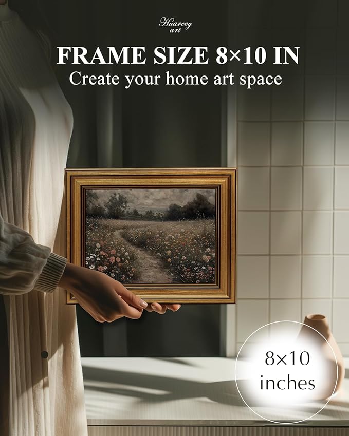 HUARCEY Gold Framed Vintage Wall Art for Living Room, Flowers Painting Prints Shelf Decor for Kitchen, Landscape Bedroom Wall Art, Christmas Gifts for Friends or Family (Flowers Path - 8"x10")